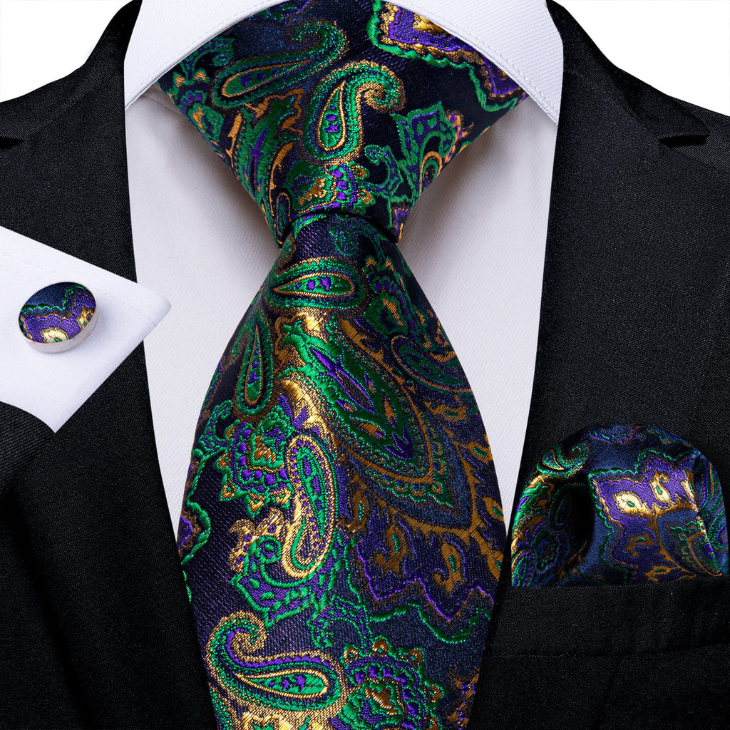 Green and Purple Paisley Silk Tie, Pocket Square and Cufflinks