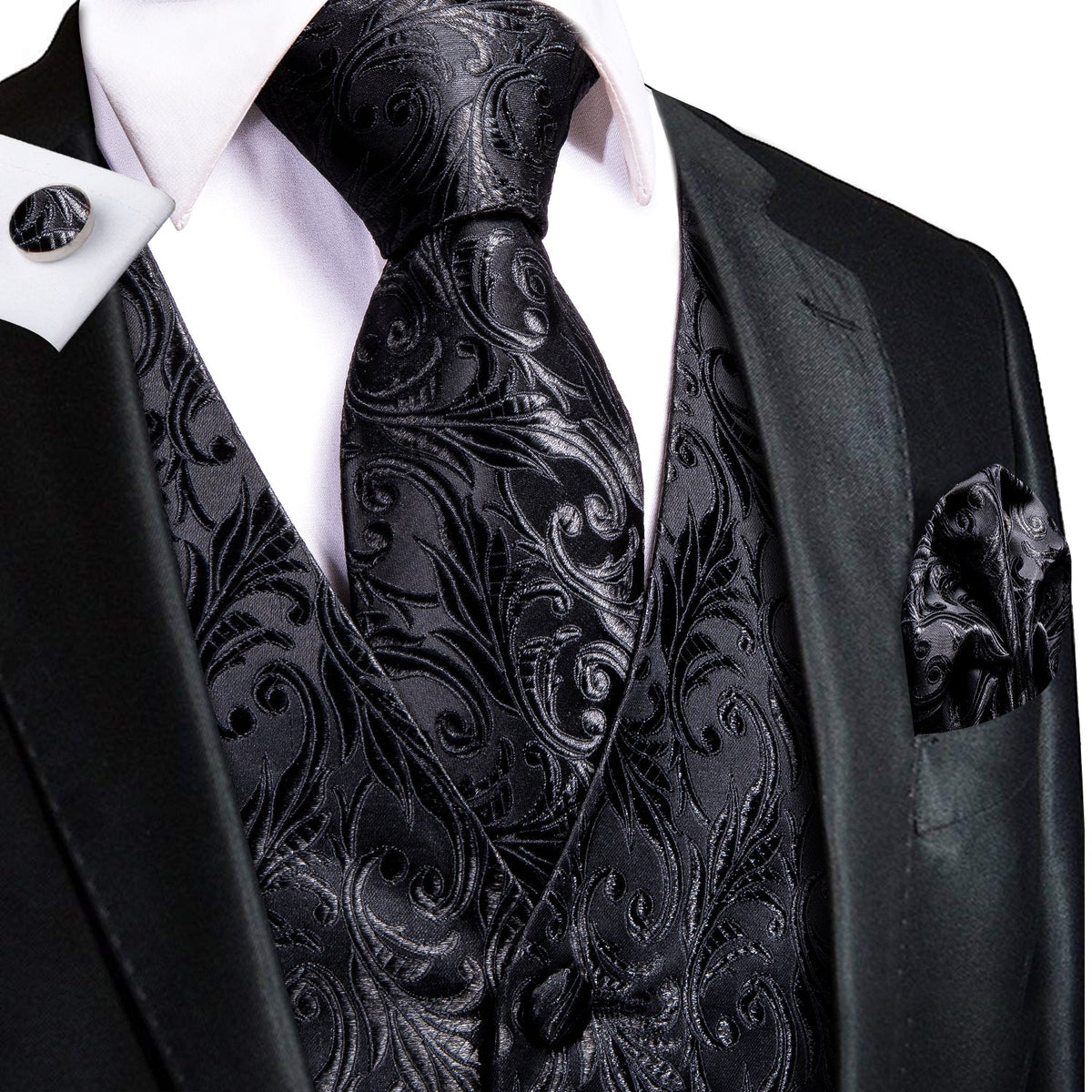 Black And Silver Floral Vest Set – Sophisticated Gentlemen