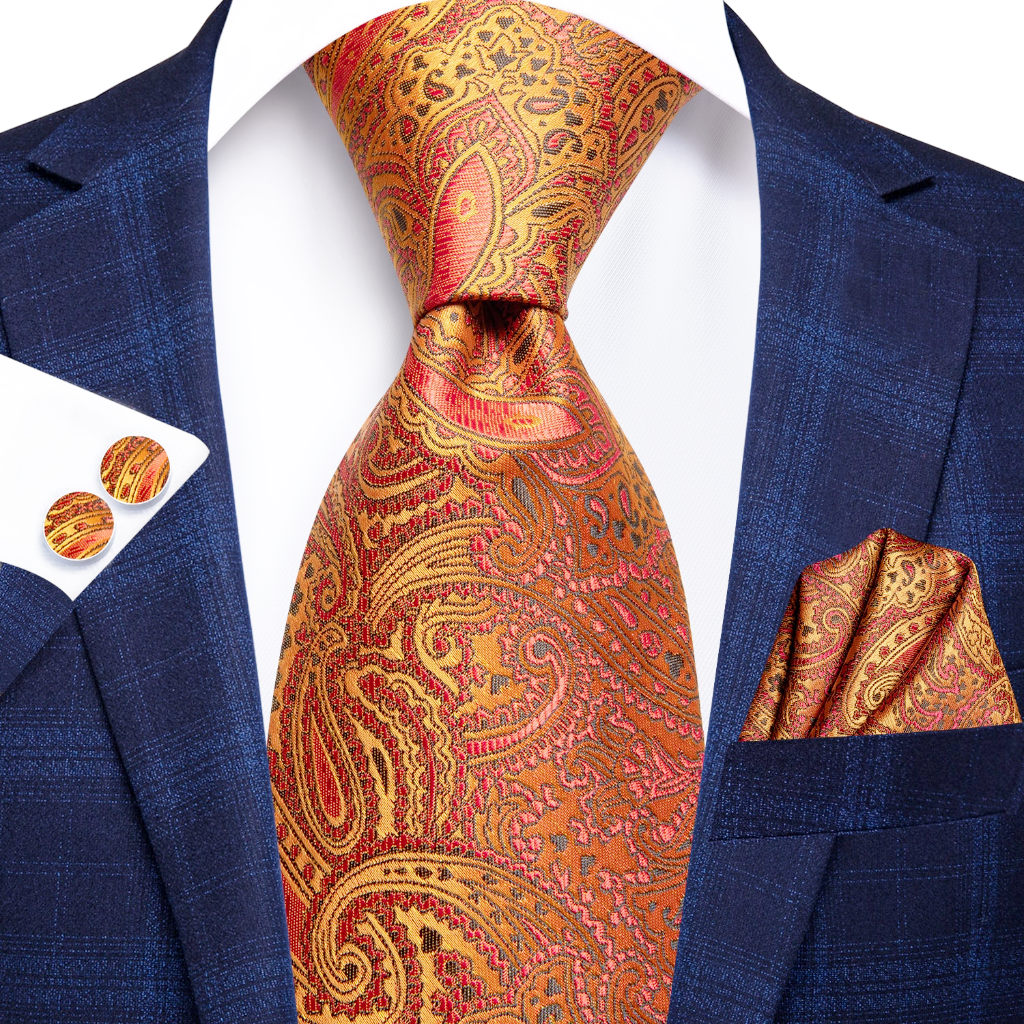 Paisley Tie, Pocket Square and Cufflinks in Orange tie sets Standard packaging   - Sophisticated Gentlemen